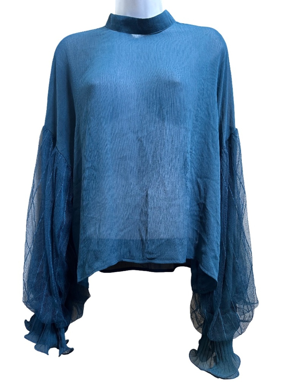 Sheer Mock-Neck Blouse with mesh bubble sleeve and ruffle cuffs - Teal - Picture 2 of 5